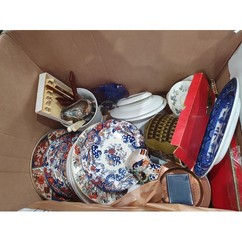 364 - Two boxes containing glass vases, bowl, decanters, various plates, Wedgwood, etc