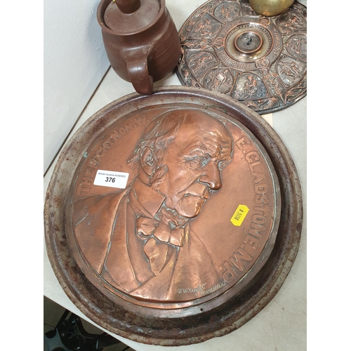 376 - A quantity of metal Plaques including a copper Plaque of Gladstone, a Glasgow exhibition Dish, and a... 