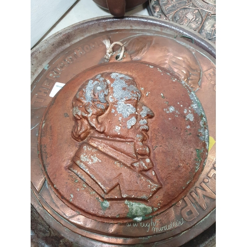 376 - A quantity of metal Plaques including a copper Plaque of Gladstone, a Glasgow exhibition Dish, and a... 