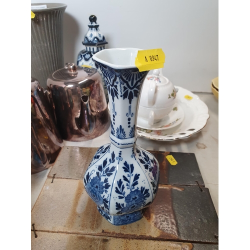 383 - A Wedgwood Vase, a Delft Vase, a quantity of Aynsley china, a plated Tea Set, a set of Tiles, etc