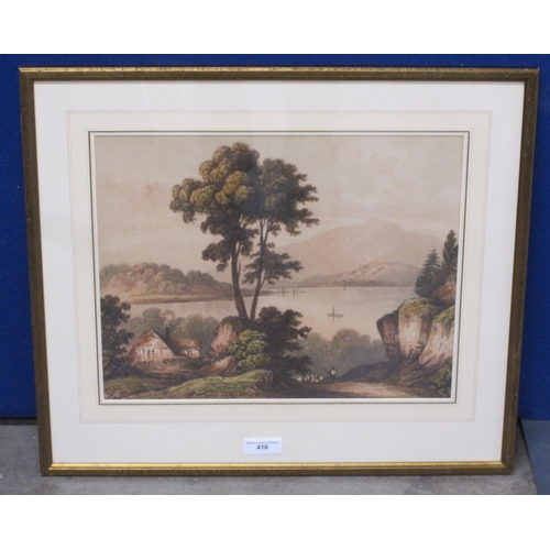 416 - MARY WHARTON. An extensive lake landscape with drover and sheep on a path, watercolour, 16 x 18in; a... 