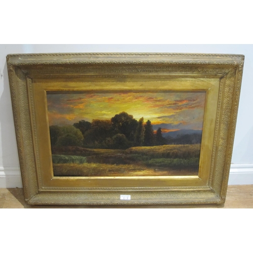 418 - ENGLISH SCHOOL CIRCA 1880. A tranquil river landscape at sunset, oil on canvas, 16 x 25 in