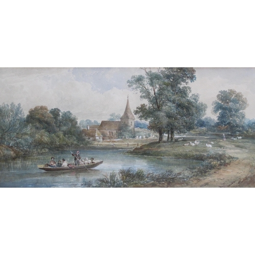 425 - ATTRIBUTED TO JAMES PRICE. Ferrying sheep across a river, a churchyard beyond, watercolour, 9½ x 19½... 