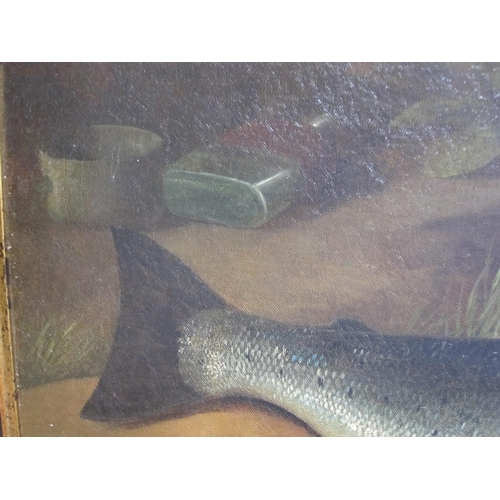 426 - MANNER OF  A. ROLAND KNIGHT. Salmon on rocks, a river landscape beyond, oil on canvas, 20 x 41¾in