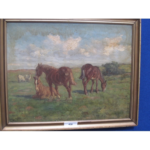 430 - ENGLISH SCHOOL, early 20th Century - Ponies and sheep in an extensive moorland landscape, signed ind... 