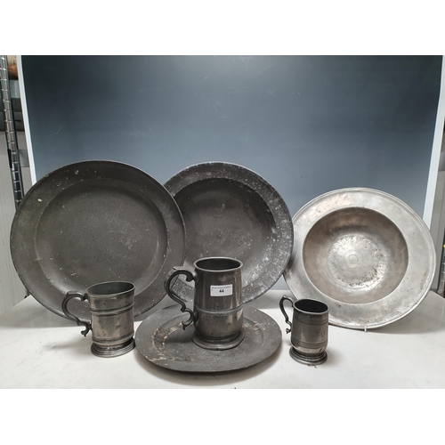 44 - A group of pewter Items including a banded tankard stamped G Farmiloe & Sons 5in H, two other Tankar... 