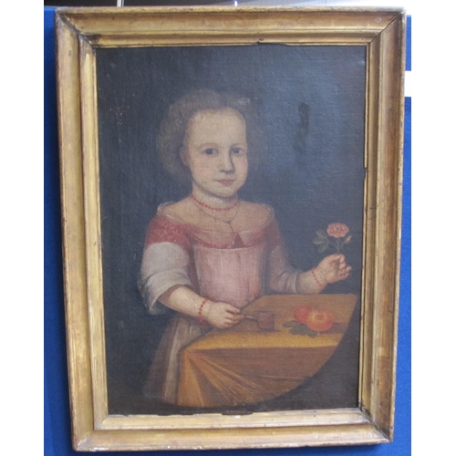 440 - FOLLOWER OF EDWARD GOUGE. Portrait of a Girl, half-length, standing by a table, holding a flower, oi... 