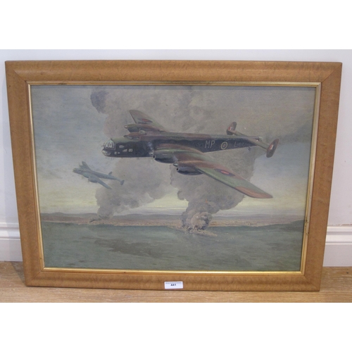 441 - ENGLISH SCHOOL.  Tobruk..Halifax Bomber attacking the Italian Battleship, 'S. Giorgio', oil on canva... 