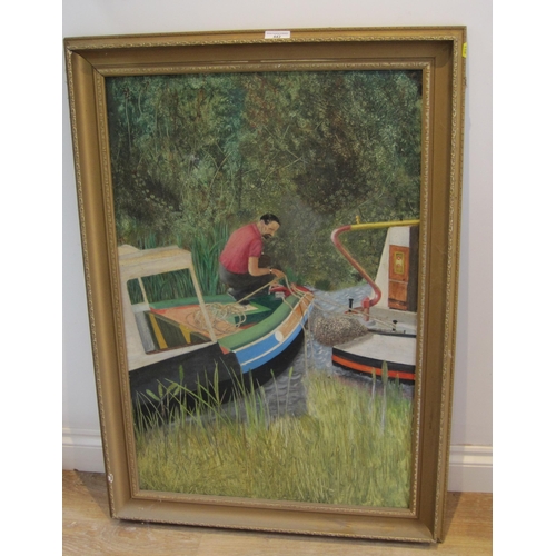 442 - ENGLISH SCHOOL. A Figure on a Canal Boat, oil on board, 36 x 24in; together with a selection of othe... 