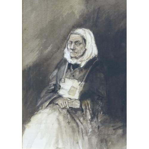 444 - L. RUSHTON . 'Deep in Thought'; and 'Contemplation', signed, watercolour and black wash, together wi... 