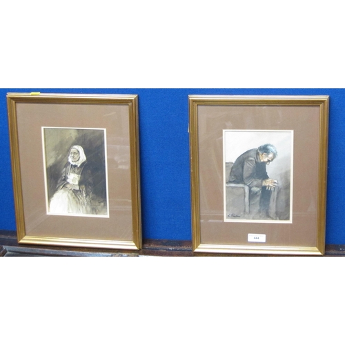 444 - L. RUSHTON . 'Deep in Thought'; and 'Contemplation', signed, watercolour and black wash, together wi... 