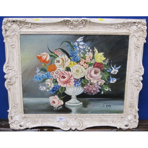 452 - B. MILLER. A still life of mixed flowers in a vase, signed, oil on canvas, 16 x 20in; and three othe... 