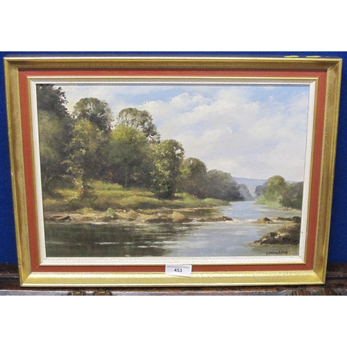 453 - E.J. WILSON. A tranquil river landscape, signed, oil on canvas board, 12½ x 18in; and a late ninetee... 