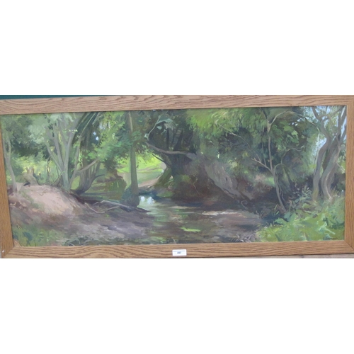 457 - COLIN SIMMONDS. The river Lodon at Stoke Lacey, signed, oil on canvas, 18 x 44in