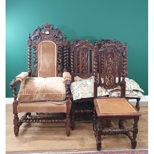 488 - A set of seven Victorian carved oak Dining Chairs including a large Carver with highback carved grif... 