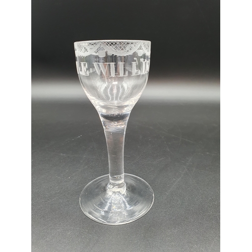 51 - A Georgian Wine Glass with trellis swag engraving and T.E. WILLIS 1775, 5in