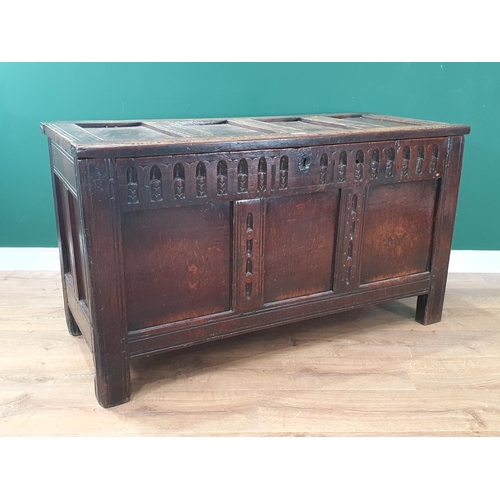 538 - A 17th Century oak Coffer with sunken four panel lid above nulled frieze 4ft 1in W x 2ft 3in H (R7)