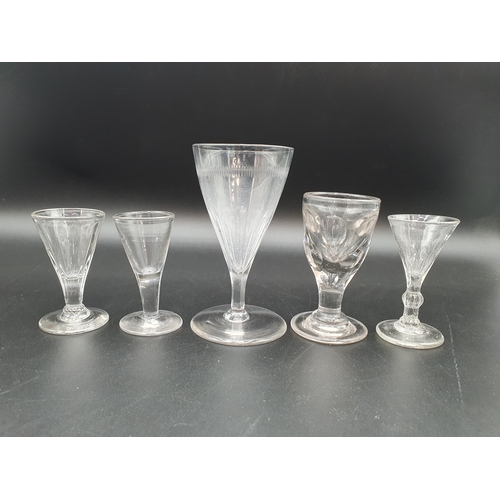 54 - A 19th Century Ale Glass with faceted conical bowl, 5in, three small Liqueur Glasses, one with knop ... 