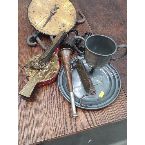 540 - Two engraved brass Shell Cases, a pair of brass Candlesticks, a set of Salter Scales, a 