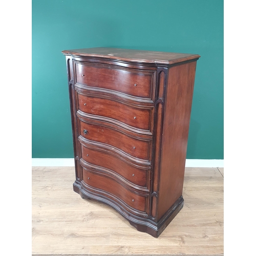 548 - A modern hardwood serpentine fronted Chest of six drawers (knobs A/F) 4ft 7in H x 3ft 3in W (R7)