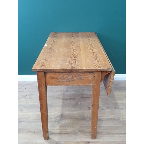 600 - A Pine Kitchen Table with dropleaf and single fitted drawer on square supports, 2ft 6