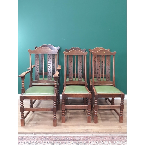 602 - A set of six oak framed Dining Chairs with pierced carved backrests, green upholstered drop in seats... 