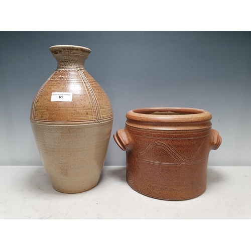 61 - A large stoneware ovoid Vase with pale brown glaze 14in and an Errington Reay & to Ltd Bardon Mill s... 