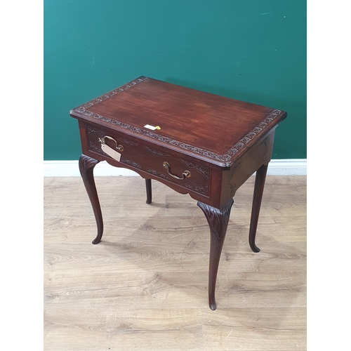 624 - An Early 20th Century mahogany Side Table fitted single drawer with carved leafage decoration on cab... 