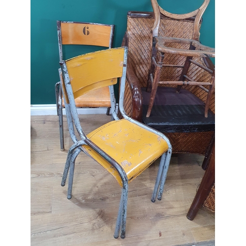 634 - Three painted Stacking Chairs, a pair of wicker Conservatory Armchairs and a Single Chair A/F. (R9).