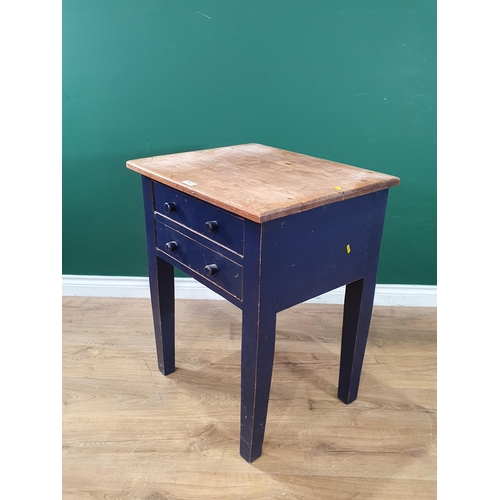 635 - A blue painted Side Table fitted two long drawers on square supports, 2ft 7