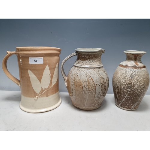 65 - A large Bredon pottery Jug with cream & pale brown leaf pattern 9in, impressed mark and a stoneware ... 