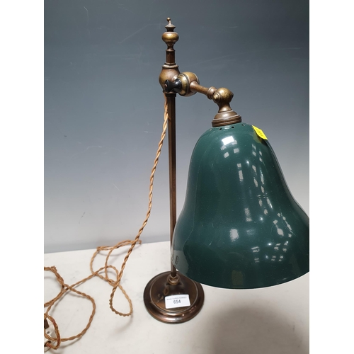 654 - A brass adjustable Table/Desk Lamp with green metal shade, 19