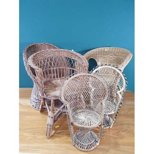 672 - Three Wicker Childs Chairs and two Wicker Dolls Chairs. (R8).