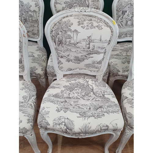 676 - A set of six white painted Salon Chairs with cream upholstery with farming scenes (R6)