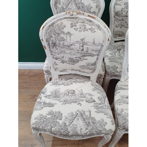 676 - A set of six white painted Salon Chairs with cream upholstery with farming scenes (R6)