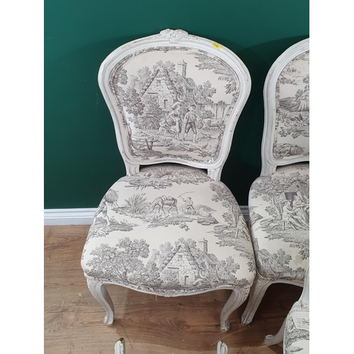 676 - A set of six white painted Salon Chairs with cream upholstery with farming scenes (R6)