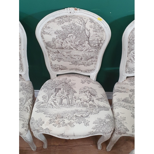 676 - A set of six white painted Salon Chairs with cream upholstery with farming scenes (R6)