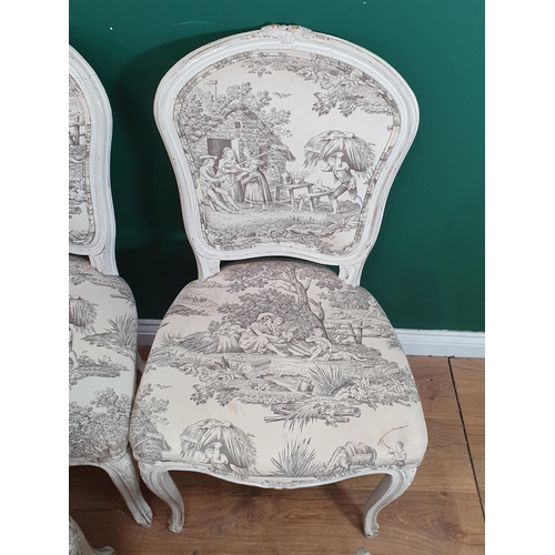 676 - A set of six white painted Salon Chairs with cream upholstery with farming scenes (R6)