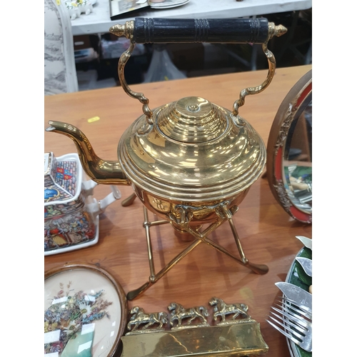 678 - A brass Spirit Kettle on stand, gilded Easel Mirror, silver plated Candelabra, Portrait Print on gla... 