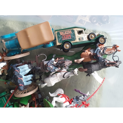 709 - A box of assorted Plastic Britains Figures, including Coach and Horses, Knights on Horseback, etc. (... 