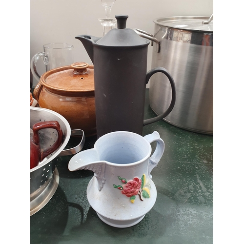 714 - A Stainless Steel Cooking Pot, three Aynsley Cups and Saucers, a Wedgwood Coffee Pot, a part Royal W... 