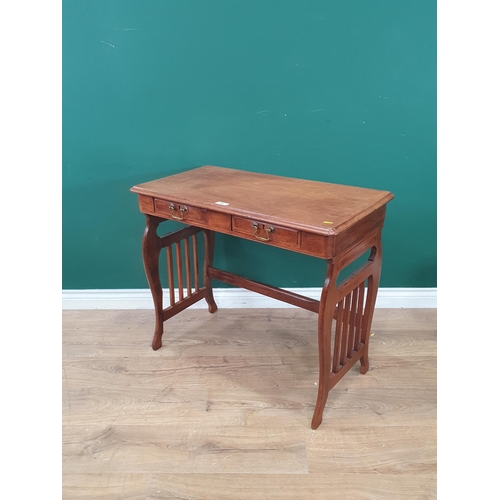 726 - A walnut Campaign Side Table fitted two drawers with lyre style folding supports and with cross stre... 