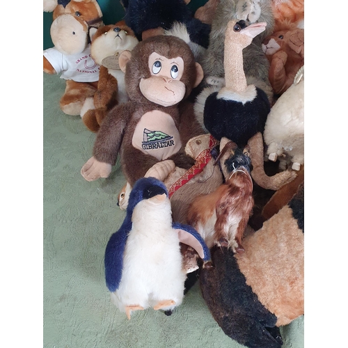 727 - A box of soft Toys including a penguin, a duckling, a kestrel, a koala bear, a fox, etc, R.10