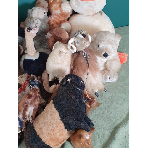 727 - A box of soft Toys including a penguin, a duckling, a kestrel, a koala bear, a fox, etc, R.10