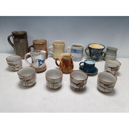 75 - Six various Studio Mugs a Cup & Saucer, two Jugs and six Tumbler Cups, some with impressed mark, one... 