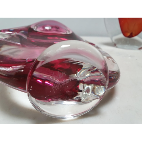 85 - Two Studio glass Scent Bottles and stoppers with red/pink centres 7 1/2 & 6 1/2 signed Kail Pushbroo... 