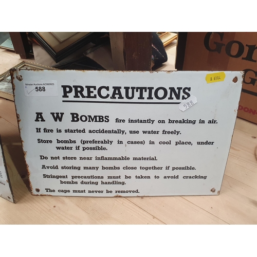 588 - Three enamel Signs including 'Emergency Exit', 'Precautions -A W Bombs fire instantly on breaking in... 