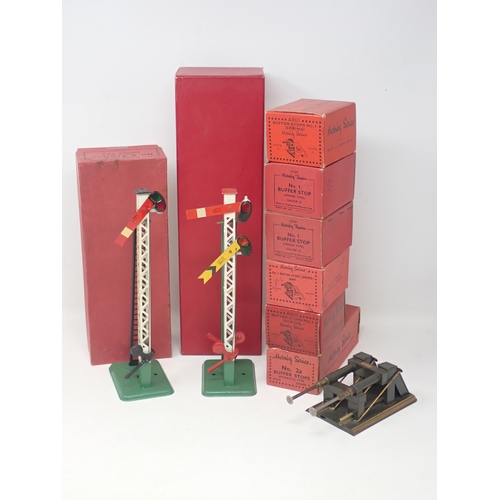 146 - A boxed Hornby 0 gauge No.2A Buffer Stop, five boxed No.1 Buffer Stops from different periods, an ea... 