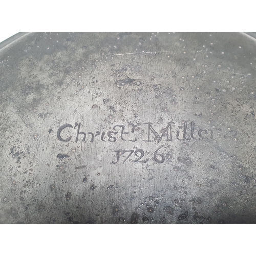 1 - An 18th Century Pewter Dish, inscribed 1726 with owners name, 11 3/4 in diameter (R1)