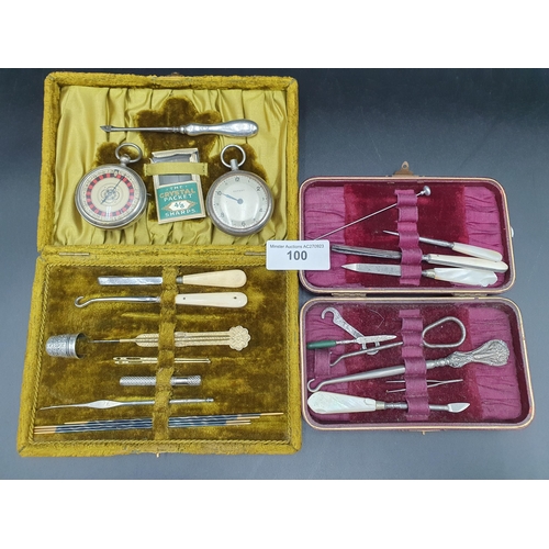 100 - Two part Sewing Sets and sundry Manicure Tools, in cases, a Pocket Roulette Watch and an Expert Pock... 